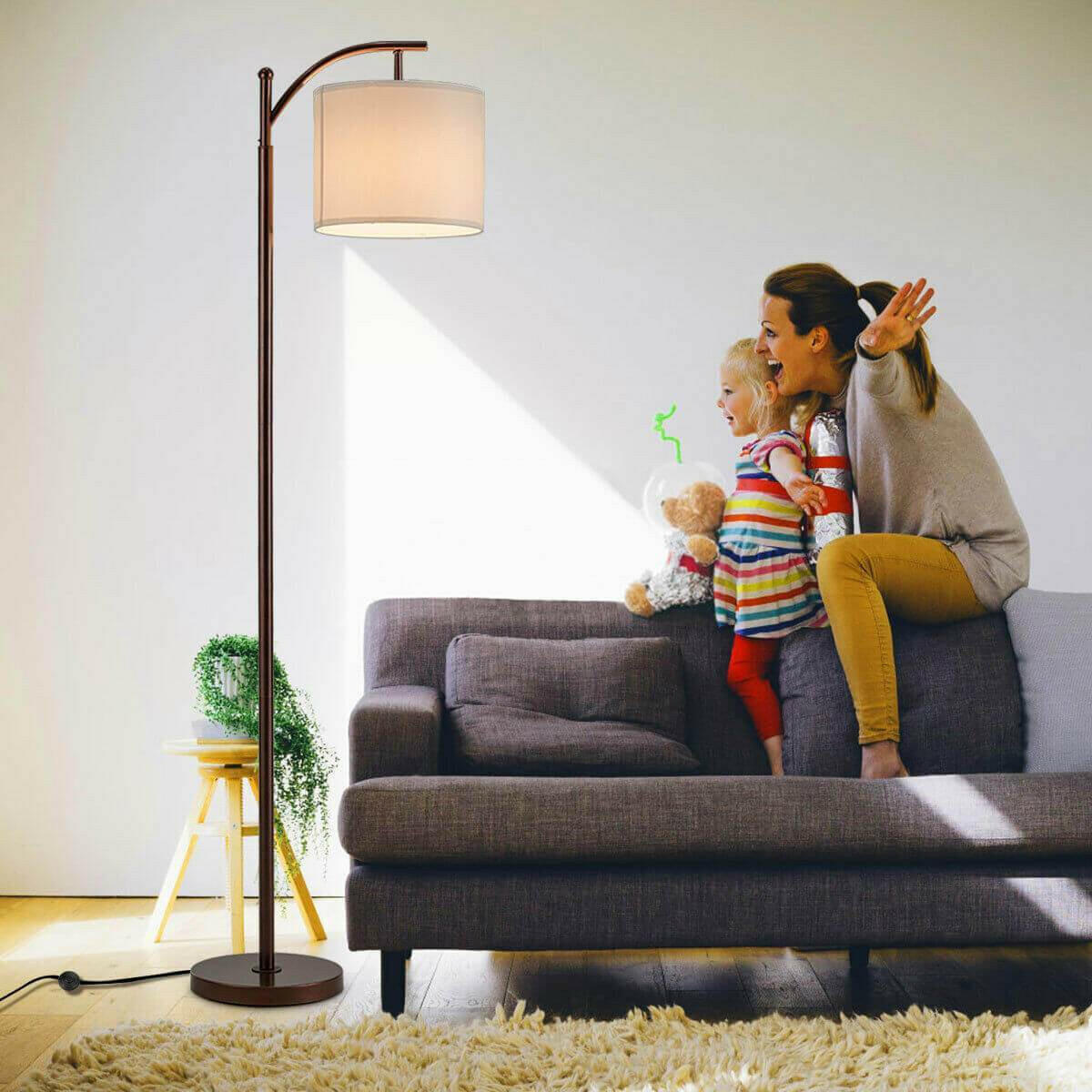 Standing Industrial Arc Light with Hanging Lamp Shade Bedroom | Bright & Plus.