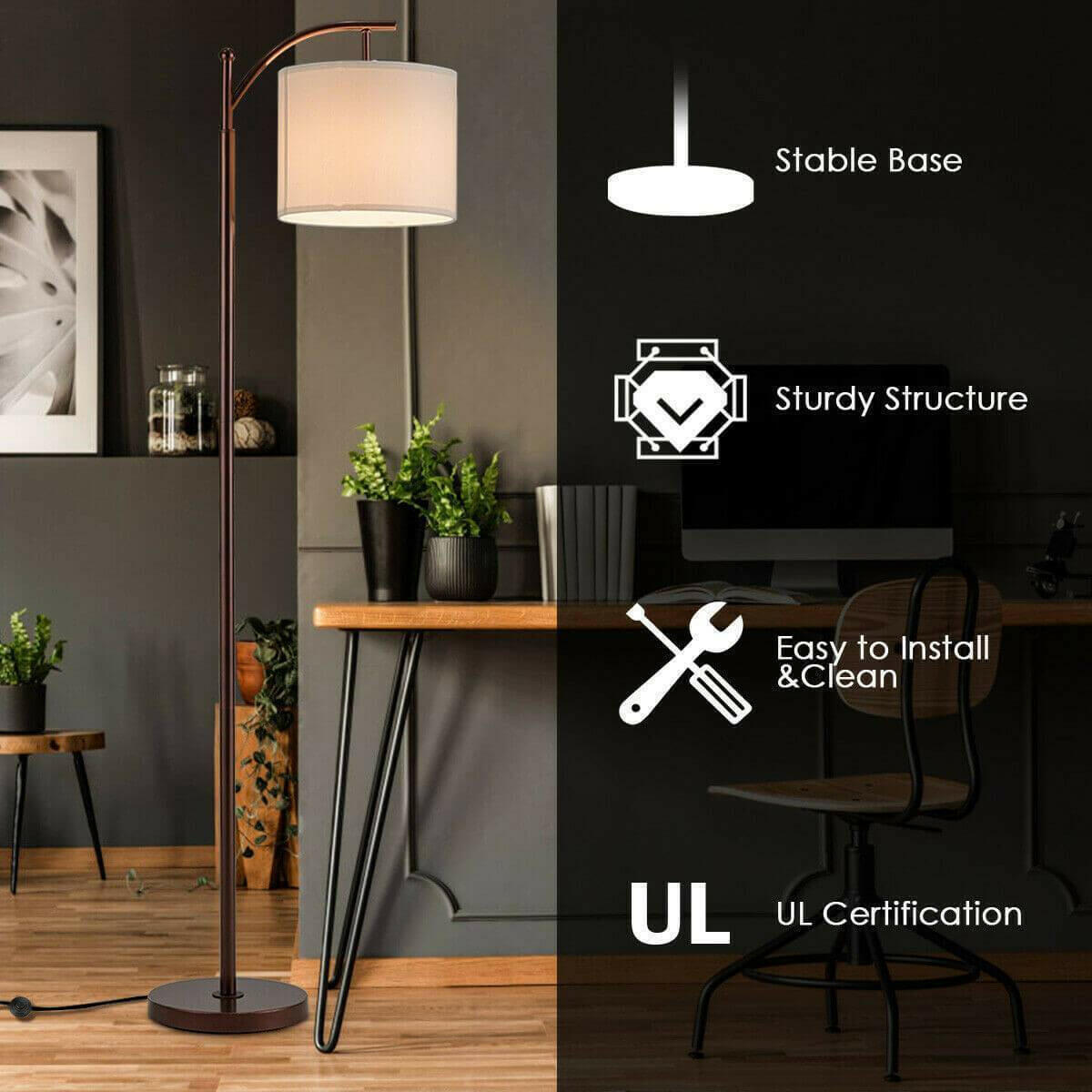 Standing Industrial Arc Light with Hanging Lamp Shade Bedroom | Bright & Plus.
